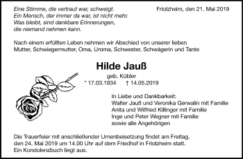 Traueranzeige von Hilde Jauß von Leonberger Kreiszeitung / Strohgäu Extra