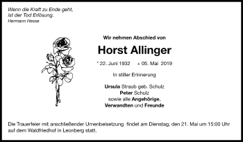 Traueranzeige von Horst Allinger von Leonberger Kreiszeitung / Strohgäu Extra