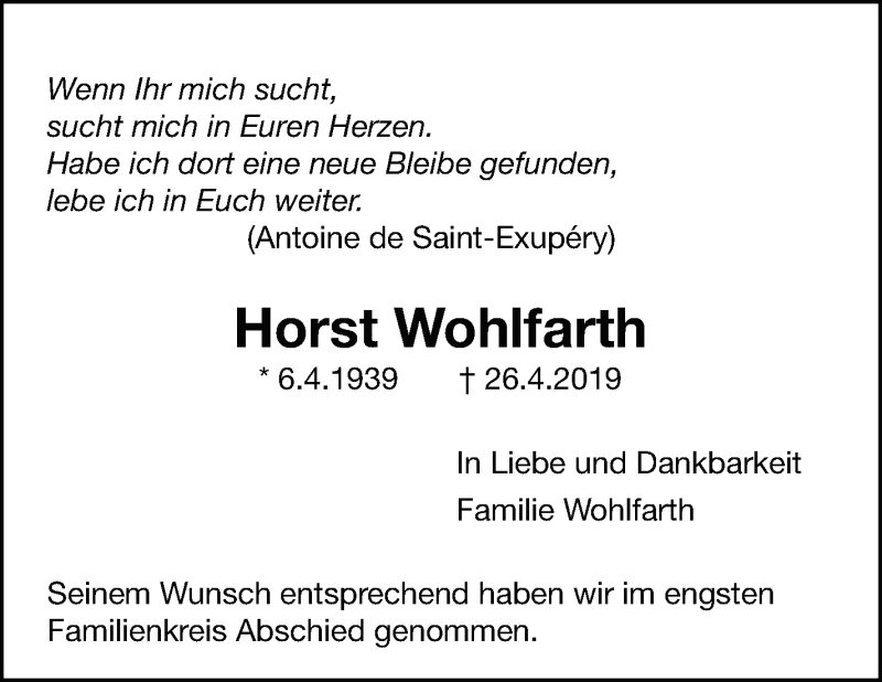  Traueranzeige für Horst Wolfarth vom 04.05.2019 aus Leonberger Kreiszeitung / Strohgäu Extra