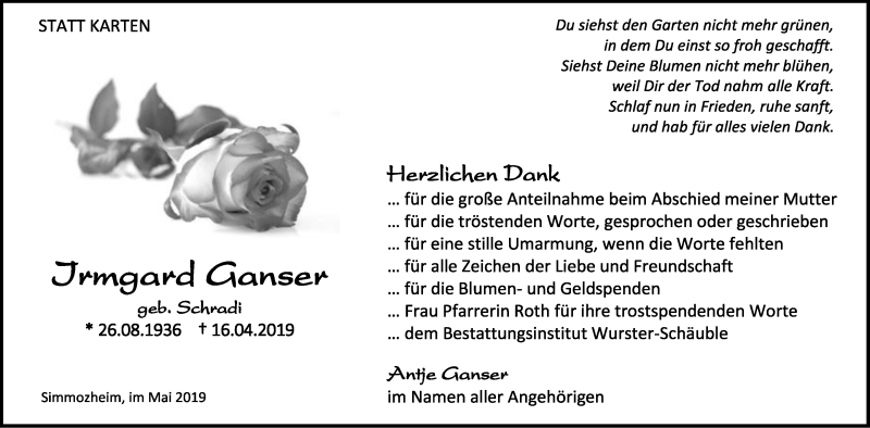  Traueranzeige für Irmgard Ganser vom 11.05.2019 aus Leonberger Kreiszeitung / Strohgäu Extra
