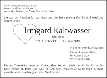 Traueranzeige von Irmgard Kaltwasser von Leonberger Kreiszeitung / Strohgäu Extra