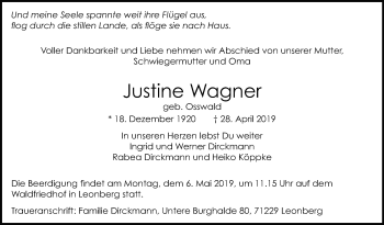 Traueranzeige von Justine Wagner von Leonberger Kreiszeitung / Strohgäu Extra