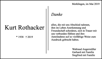 Traueranzeige von Kurt Rothacker von Leonberger Kreiszeitung / Strohgäu Extra