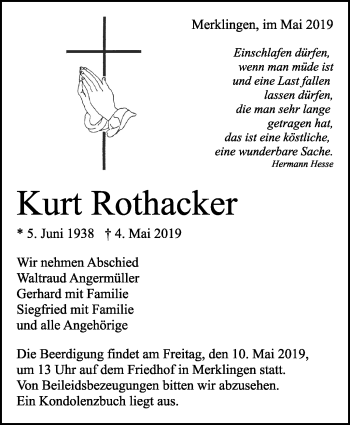 Traueranzeige von Kurt Rothacker von Leonberger Kreiszeitung / Strohgäu Extra