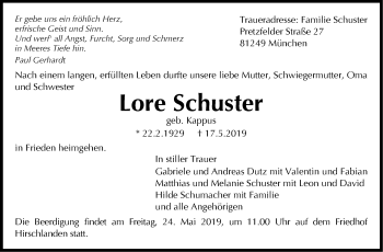Traueranzeige von Lore Schuster von Leonberger Kreiszeitung / Strohgäu Extra