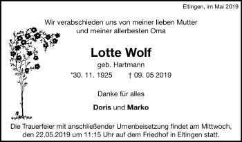 Traueranzeige von Lotte Wolf von Leonberger Kreiszeitung / Strohgäu Extra