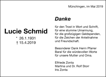 Traueranzeige von Lucie Schmid von Leonberger Kreiszeitung / Strohgäu Extra