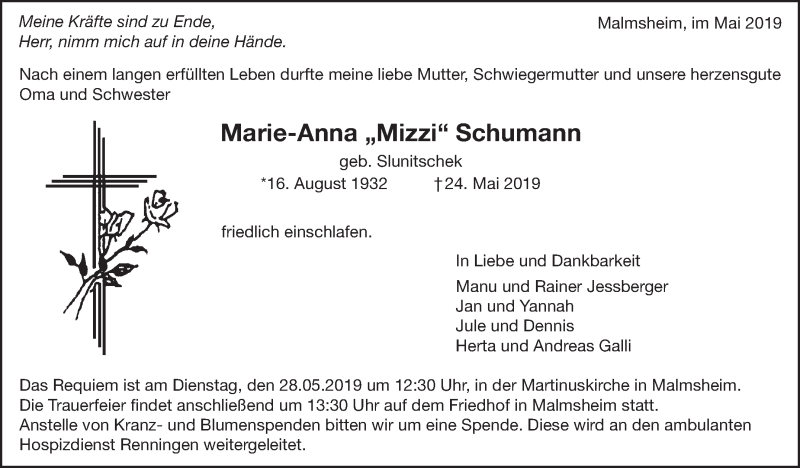  Traueranzeige für Marie-Anna Schumann vom 25.05.2019 aus Leonberger Kreiszeitung / Strohgäu Extra
