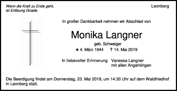 Traueranzeige von Monika Langner von Leonberger Kreiszeitung / Strohgäu Extra