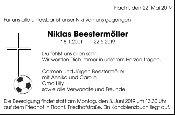 Traueranzeige von Niklas Beestermöller von Leonberger Kreiszeitung / Strohgäu Extra
