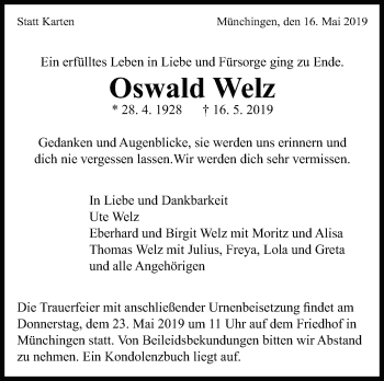 Traueranzeige von Oswald Welz von Leonberger Kreiszeitung / Strohgäu Extra