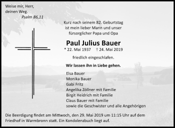 Traueranzeige von Paul Julius Bauer von Leonberger Kreiszeitung / Strohgäu Extra