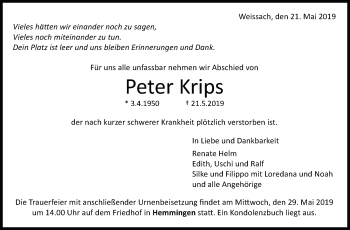 Traueranzeige von Peter Krips von Leonberger Kreiszeitung / Strohgäu Extra