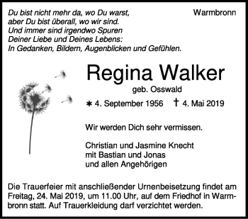 Traueranzeige von Regina Walker von Leonberger Kreiszeitung / Strohgäu Extra