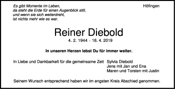 Traueranzeige von Reiner Diebold von Leonberger Kreiszeitung / Strohgäu Extra