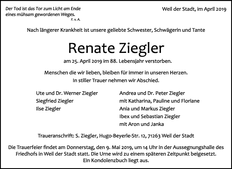  Traueranzeige für Renate Ziegler vom 04.05.2019 aus Leonberger Kreiszeitung / Strohgäu Extra