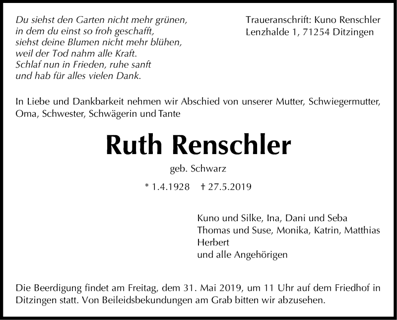  Traueranzeige für Ruth Rentschler vom 29.05.2019 aus Leonberger Kreiszeitung / Strohgäu Extra