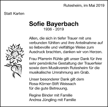 Traueranzeige von Sofie Bayerbach von Leonberger Kreiszeitung / Strohgäu Extra