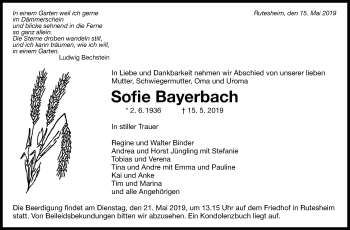 Traueranzeige von Sofie Bayerbach von Leonberger Kreiszeitung / Strohgäu Extra