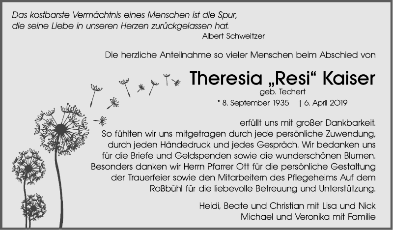  Traueranzeige für Theresia Kaiser vom 09.05.2019 aus Leonberger Kreiszeitung / Strohgäu Extra
