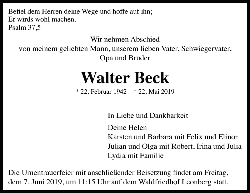  Traueranzeige für Walter Beck vom 25.05.2019 aus Leonberger Kreiszeitung / Strohgäu Extra