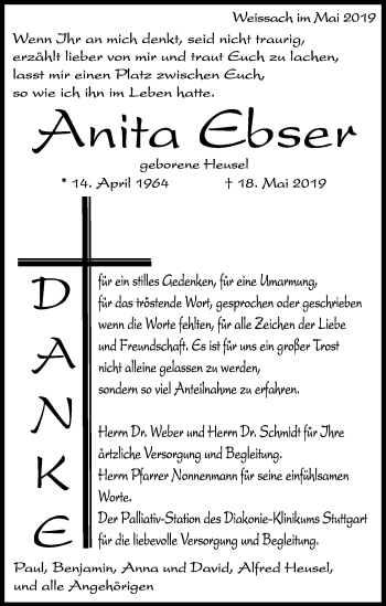 Traueranzeige von Anita Ebser von Leonberger Kreiszeitung / Strohgäu Extra