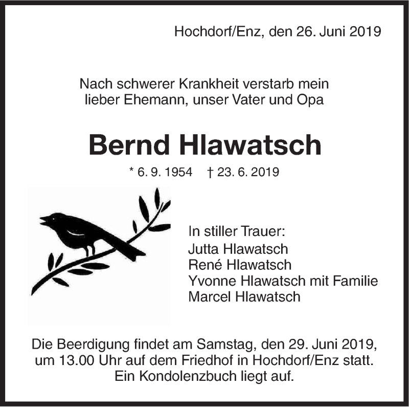  Traueranzeige für Bernd Hlawatsch vom 26.06.2019 aus Leonberger Kreiszeitung / Strohgäu Extra