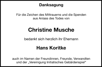 Traueranzeige von Christine Musche von Leonberger Kreiszeitung / Strohgäu Extra