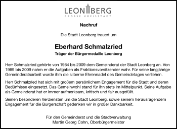 Traueranzeige von Eberhard Schmalzried von Leonberger Kreiszeitung / Strohgäu Extra