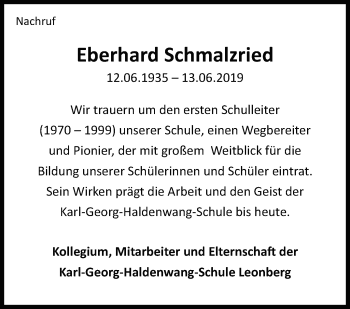 Traueranzeige von Eberhard Schmalzried von Leonberger Kreiszeitung / Strohgäu Extra