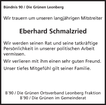 Traueranzeige von Eberhard Schmalzried von Leonberger Kreiszeitung / Strohgäu Extra