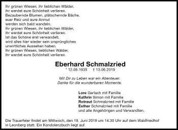 Traueranzeige von Eberhard Schmalzried von Leonberger Kreiszeitung / Strohgäu Extra
