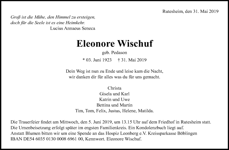  Traueranzeige für Eleonore Wischuf vom 01.06.2019 aus Leonberger Kreiszeitung / Strohgäu Extra