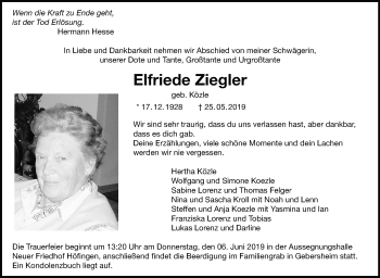 Traueranzeige von Elfriede Ziegler von Leonberger Kreiszeitung / Strohgäu Extra