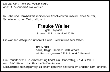 Traueranzeige von Frauke Weller von Leonberger Kreiszeitung / Strohgäu Extra