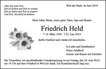 Traueranzeige von Friedrich Held von Leonberger Kreiszeitung / Strohgäu Extra
