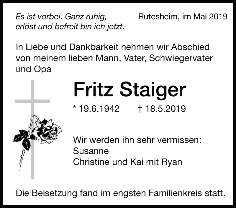  Traueranzeige für Fritz Staiger vom 03.06.2019 aus Leonberger Kreiszeitung / Strohgäu Extra