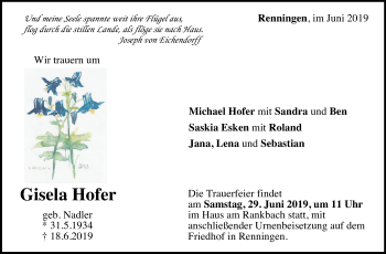 Traueranzeige von Gisela Hofer von Leonberger Kreiszeitung / Strohgäu Extra