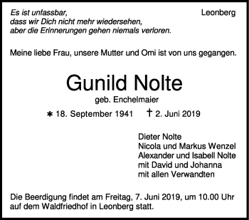 Traueranzeige von Gunild Nolte von Leonberger Kreiszeitung / Strohgäu Extra