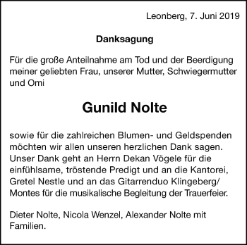 Traueranzeige von Gunild Nolte von Leonberger Kreiszeitung / Strohgäu Extra
