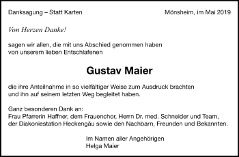 Traueranzeige von Gustav Maier von Leonberger Kreiszeitung / Strohgäu Extra