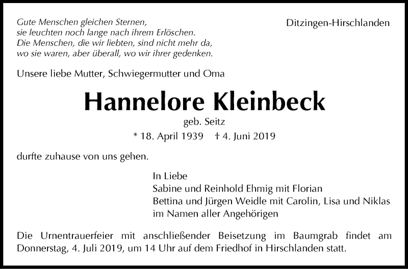  Traueranzeige für Hannelore Kleinbeck vom 06.06.2019 aus Leonberger Kreiszeitung / Strohgäu Extra