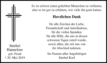 Traueranzeige von Hannelore Strebel von Leonberger Kreiszeitung / Strohgäu Extra