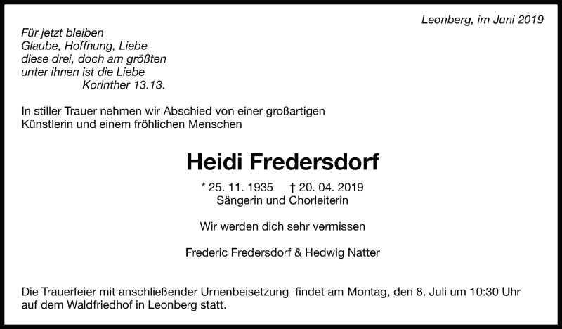  Traueranzeige für Heidi Fredersdorf vom 29.06.2019 aus Leonberger Kreiszeitung / Strohgäu Extra