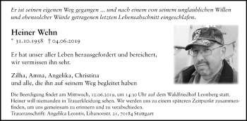 Traueranzeige von Heiner Wehn von Leonberger Kreiszeitung / Strohgäu Extra