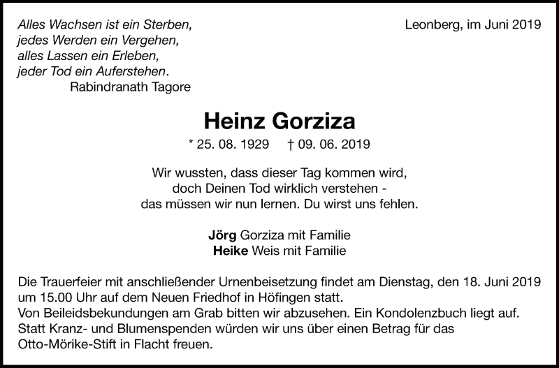  Traueranzeige für Heinz Gorziza vom 15.06.2019 aus Leonberger Kreiszeitung / Strohgäu Extra