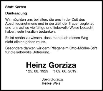 Traueranzeige von Heinz Gorziza von Leonberger Kreiszeitung / Strohgäu Extra