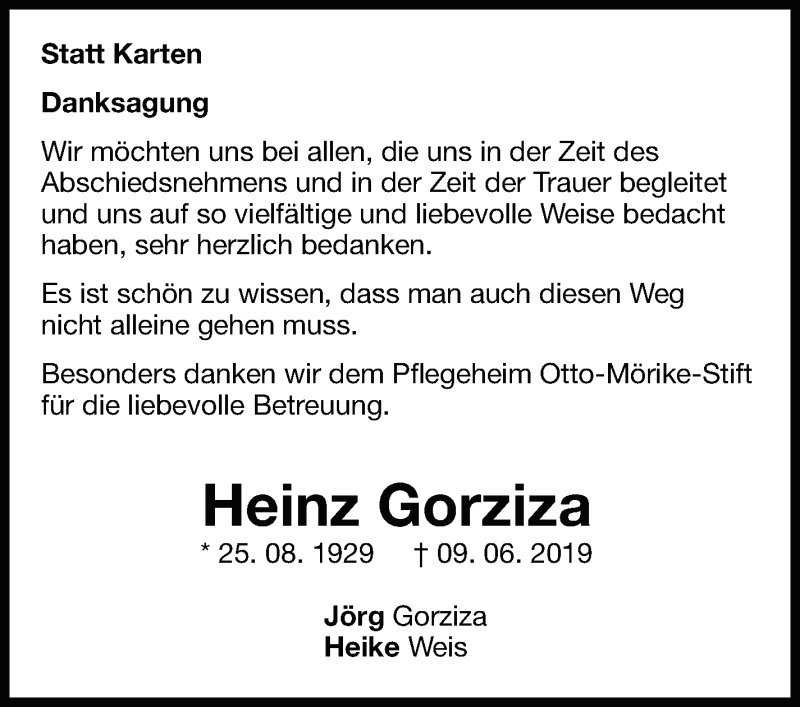  Traueranzeige für Heinz Gorziza vom 29.06.2019 aus Leonberger Kreiszeitung / Strohgäu Extra