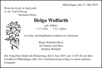 Traueranzeige von Helga Wolfarth von Leonberger Kreiszeitung / Strohgäu Extra