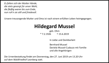 Traueranzeige von Hildegard Mussel von Leonberger Kreiszeitung / Strohgäu Extra